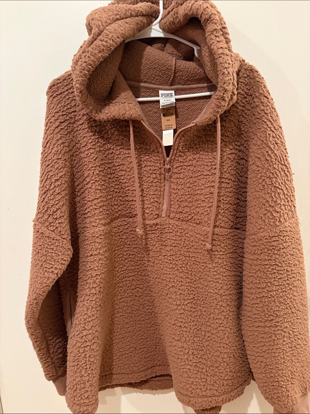 PINK Cozy Sherpa 1/4 Zip Teddy Hoodie  - Brown side pockets NWT